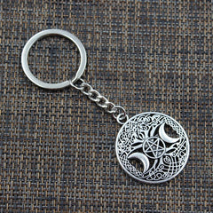 Triple Moon Goddess Keychain Pentagram Magic Tree Key Ring Witch Key Chain