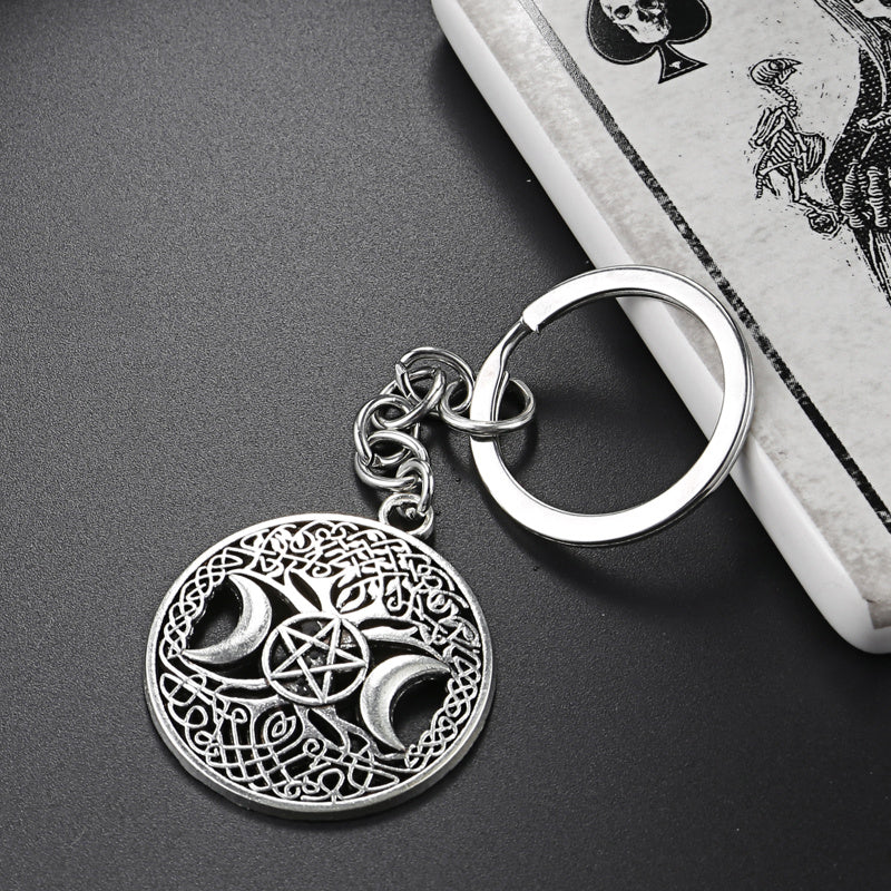 Triple Moon Goddess Keychain Pentagram Magic Tree Key Ring Witch Key Chain