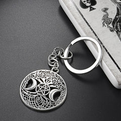 Triple Moon Goddess Keychain Pentagram Magic Tree Key Ring Witch Key Chain