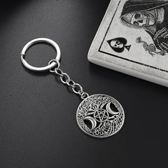 Triple Moon Goddess Keychain Pentagram Magic Tree Key Ring Witch Key Chain