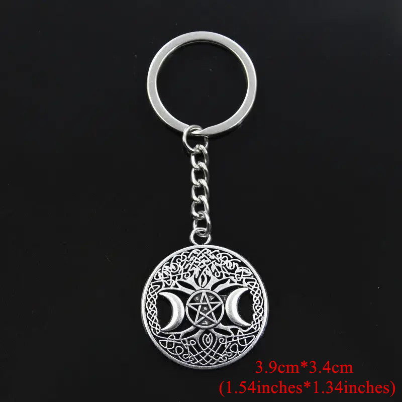 Triple Moon Goddess Keychain Pentagram Magic Tree Key Ring Witch Key Chain