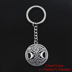Triple Moon Goddess Keychain Pentagram Magic Tree Key Ring Witch Key Chain