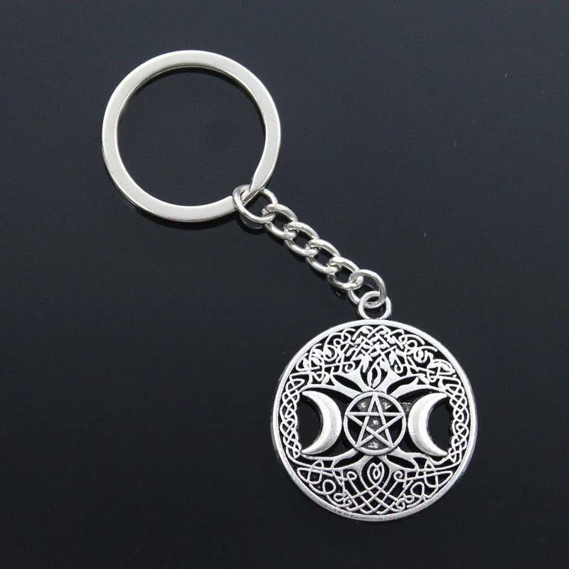 Triple Moon Goddess Keychain Pentagram Magic Tree Key Ring Witch Key Chain