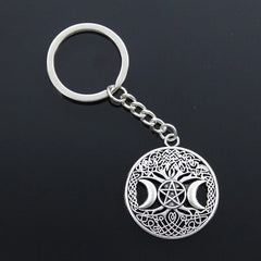 Triple Moon Goddess Keychain Pentagram Magic Tree Key Ring Witch Key Chain