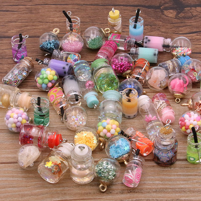 10pcs Glass Bottle Milk Tea Cup Pendant Keychain Bracelet Jewelry Accessorie