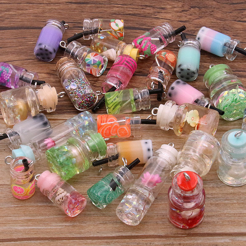 10pcs Glass Bottle Milk Tea Cup Pendant Keychain Bracelet Jewelry Accessorie