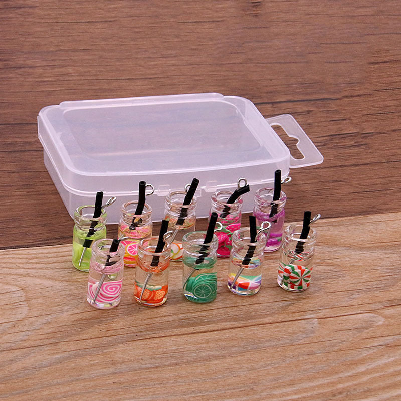 10pcs Glass Bottle Milk Tea Cup Pendant Keychain Bracelet Jewelry Accessorie