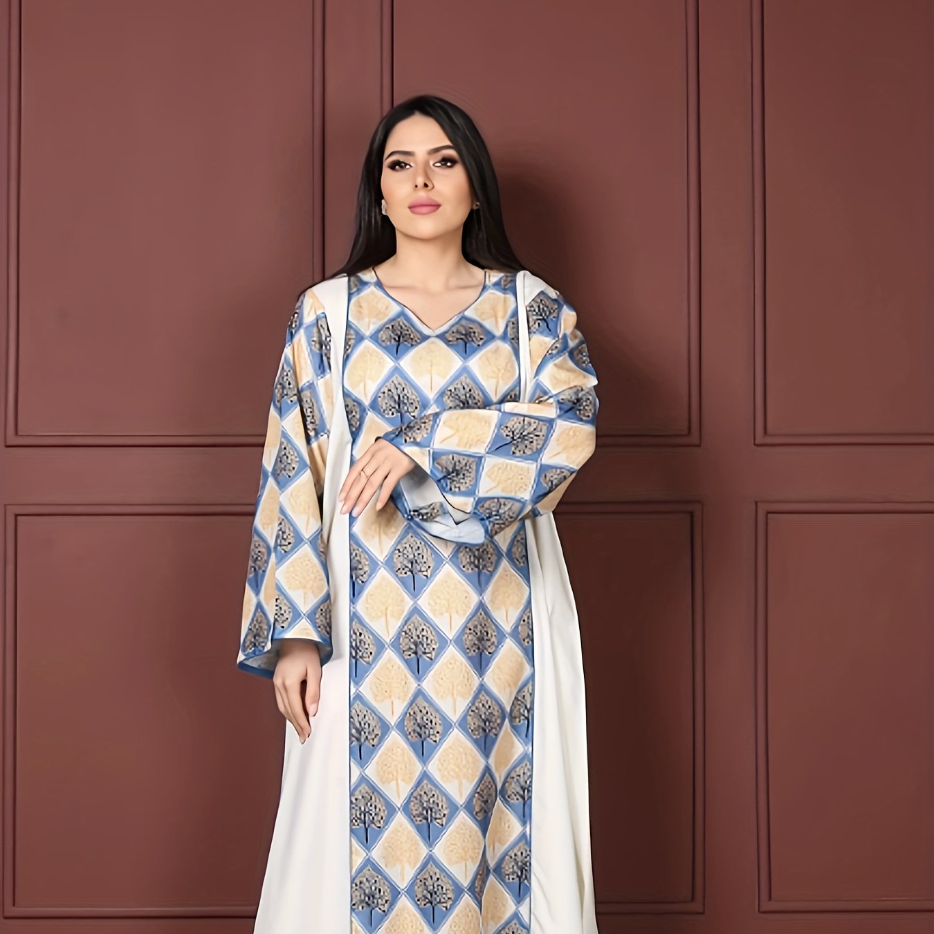  Modest Abaya Dress Contrast Argyle & Leaf Print Maxi