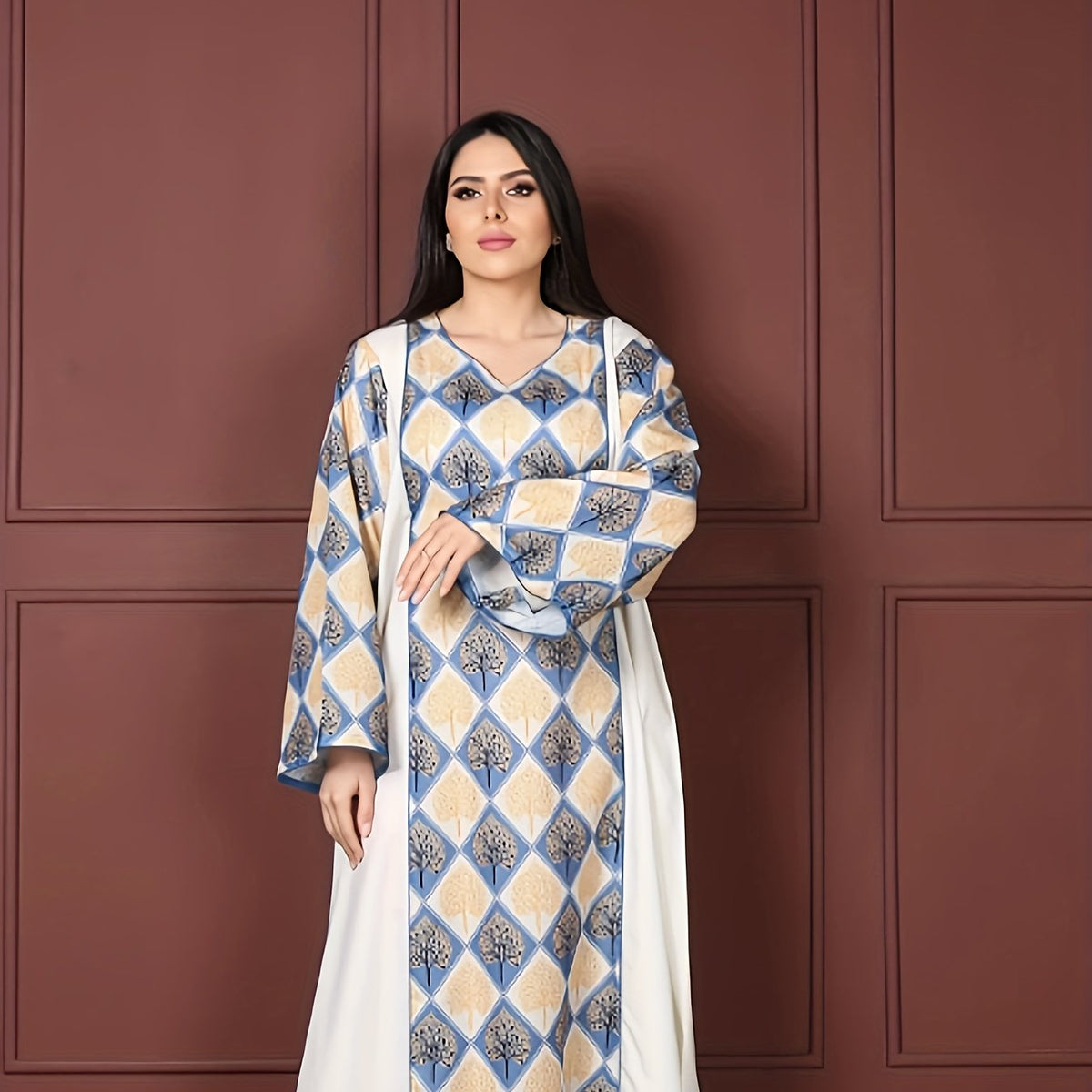  Modest Abaya Dress Contrast Argyle & Leaf Print Maxi