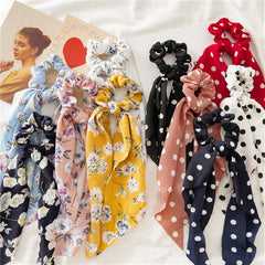 Floral Hair Scrunchies Ribbon Ponytail Streamers Bow Headwear