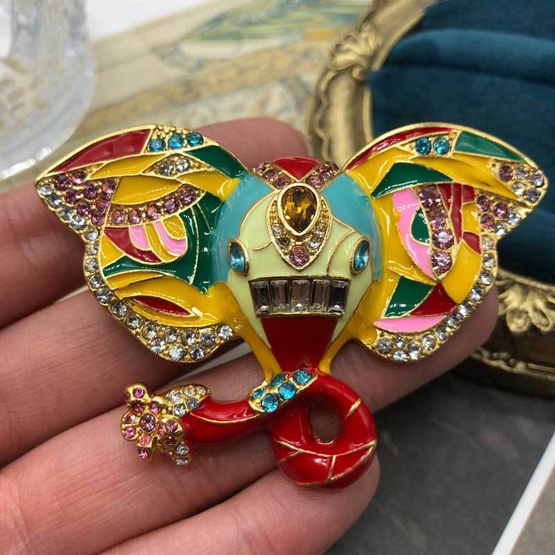 Vintage Elephant Enamel Rhinestone Brooch