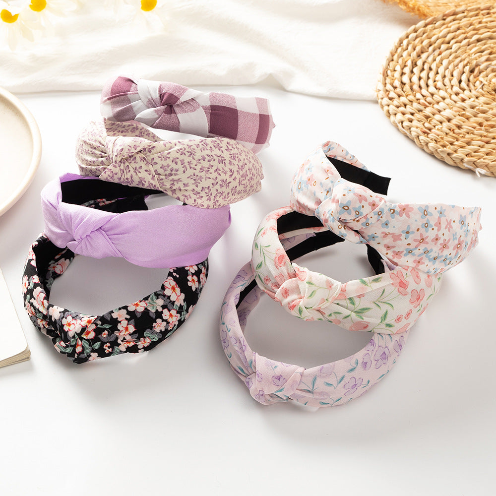 Floral Print Cross Knotted Hair Band for Women Girls Plaid Headband