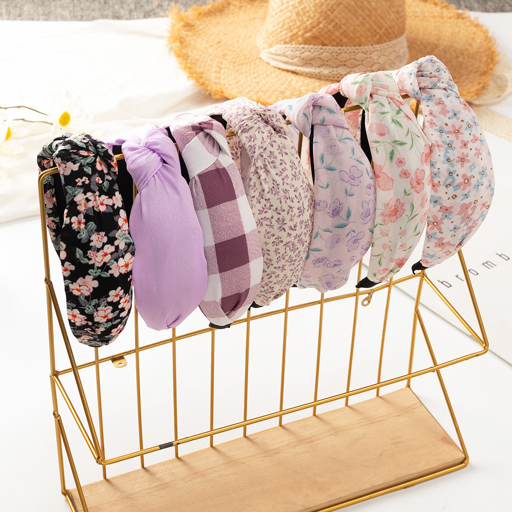 Floral Print Cross Knotted Hair Band for Women Girls Plaid Headband