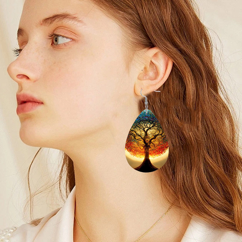 Tree Of Life Teardrop Dangle Earrings Bohemian Style PU Leather Jewelry