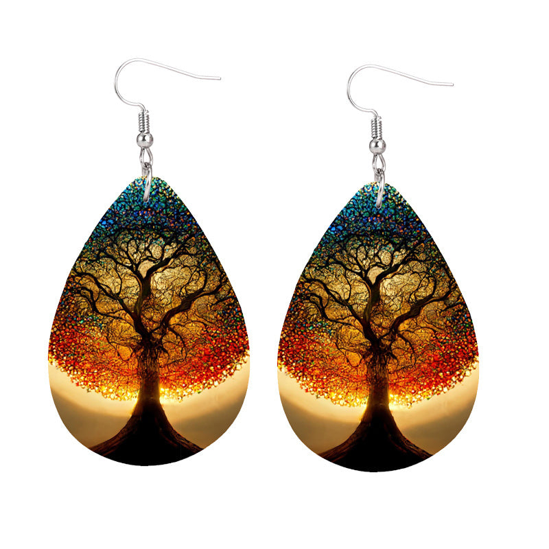 Tree Of Life Teardrop Dangle Earrings Bohemian Style PU Leather Jewelry