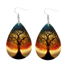 Tree Of Life Teardrop Dangle Earrings Bohemian Style PU Leather Jewelry