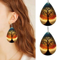 Tree Of Life Teardrop Dangle Earrings Bohemian Style PU Leather Jewelry