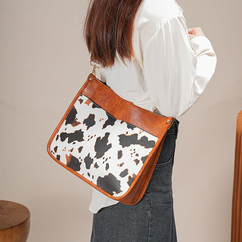 Cow Pattern Shoulder Bag Faux Leather Crossbody Bag with Vintage Strap