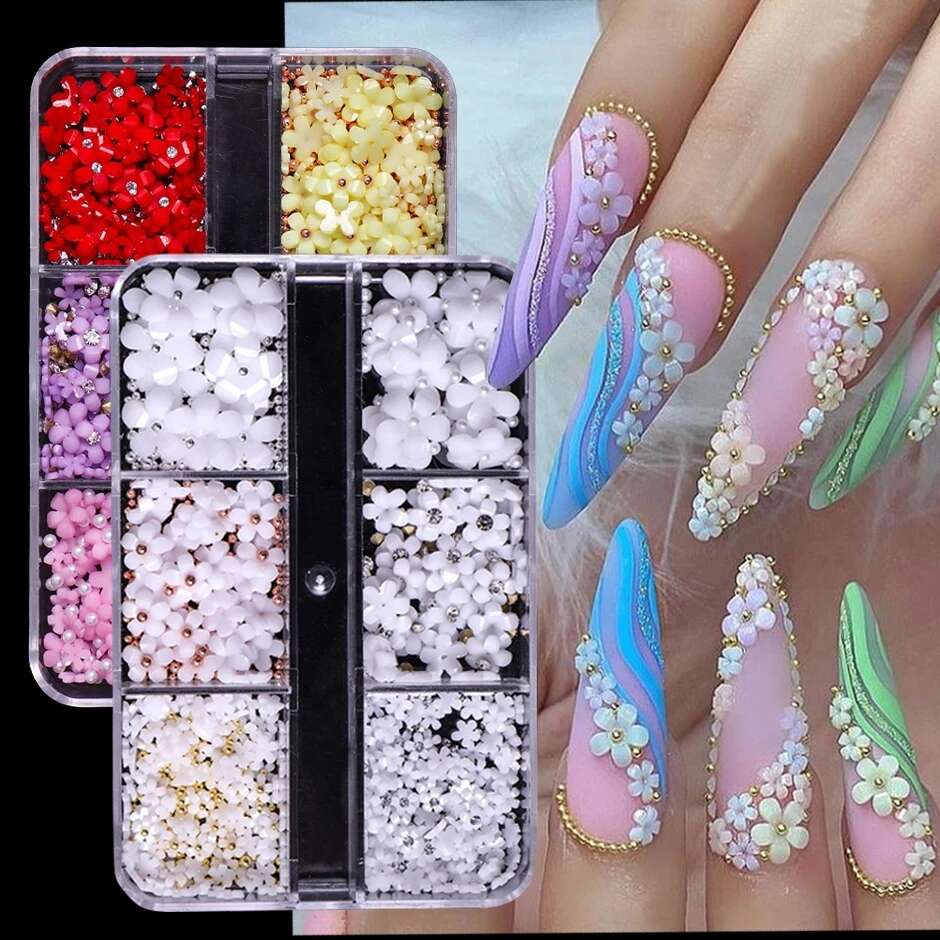 3D Flower Nail Charms with Silver and Pearl Accents Nail Art Supplies
