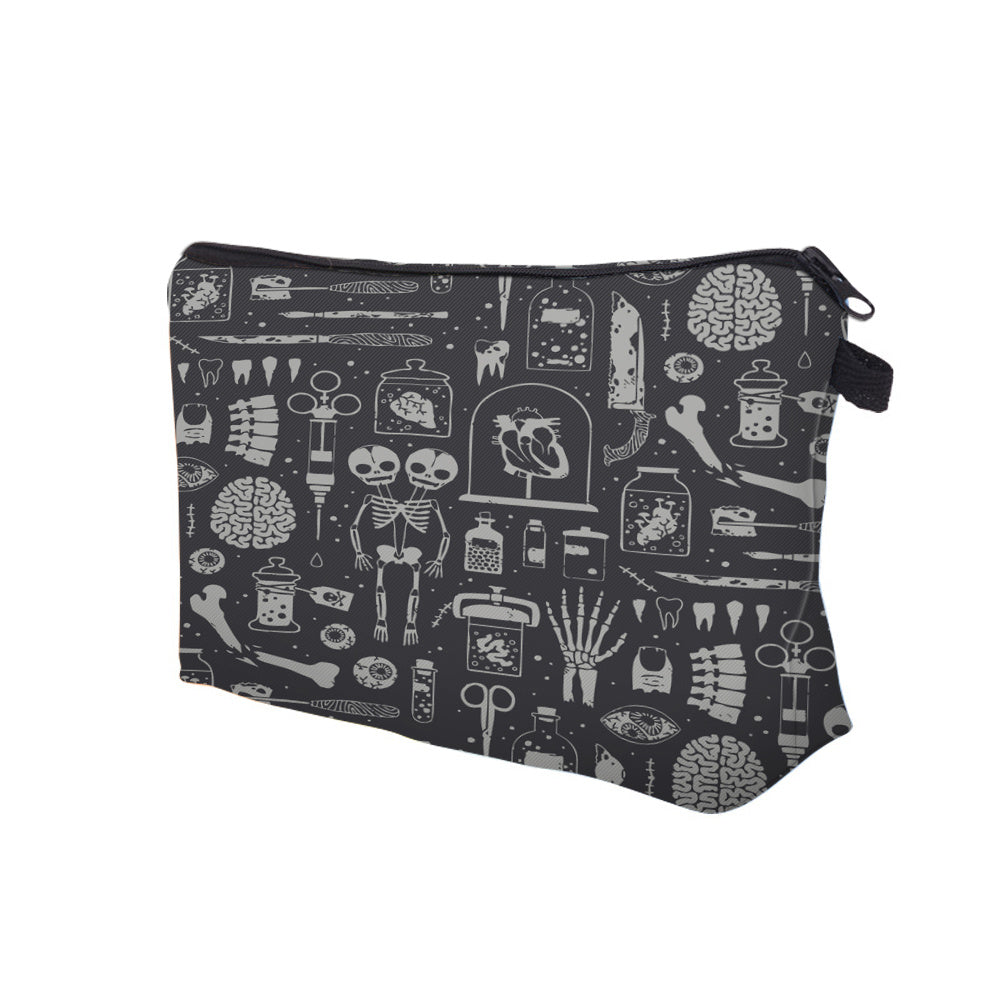 Skull Human Anatomy Pattern Makeup Storage Bag Halloween Elf Zipper Cosmetic Bag