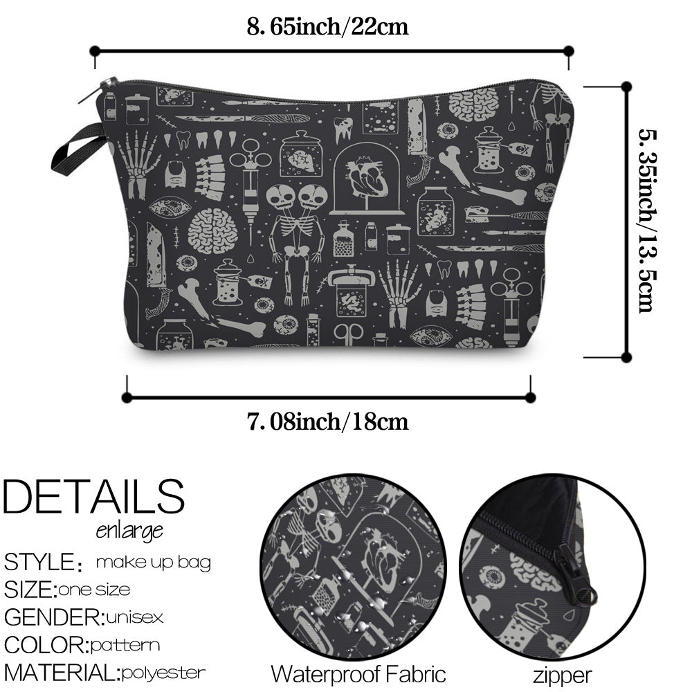 Skull Human Anatomy Pattern Makeup Storage Bag Halloween Elf Zipper Cosmetic Bag