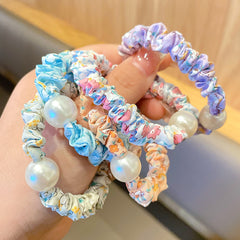 Floral Print Faux Pearl Scrunchies Hair Tie Bracelet Style