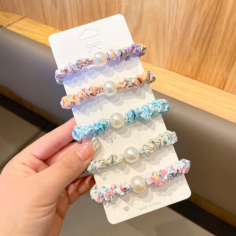 Floral Print Faux Pearl Scrunchies Hair Tie Bracelet Style