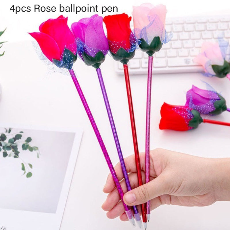 Cartoon Rose Ballpoint Pens Set, Ideal for Students