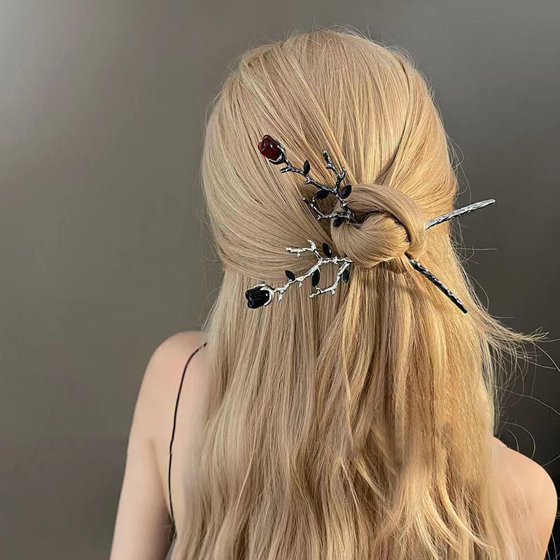 Vintage Rose Hairpin Dark Style Silvery Hair Stick Ponytail Holder