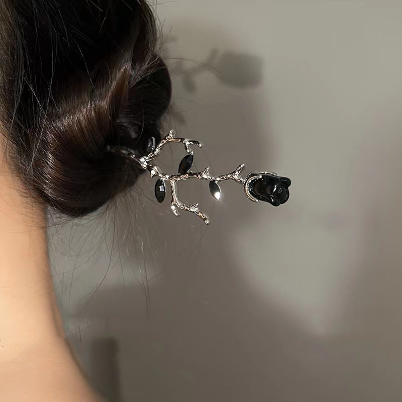 Vintage Rose Hairpin Dark Style Silvery Hair Stick Ponytail Holder