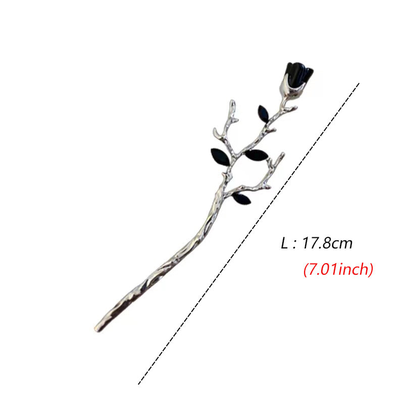 Vintage Rose Hairpin Dark Style Silvery Hair Stick Ponytail Holder