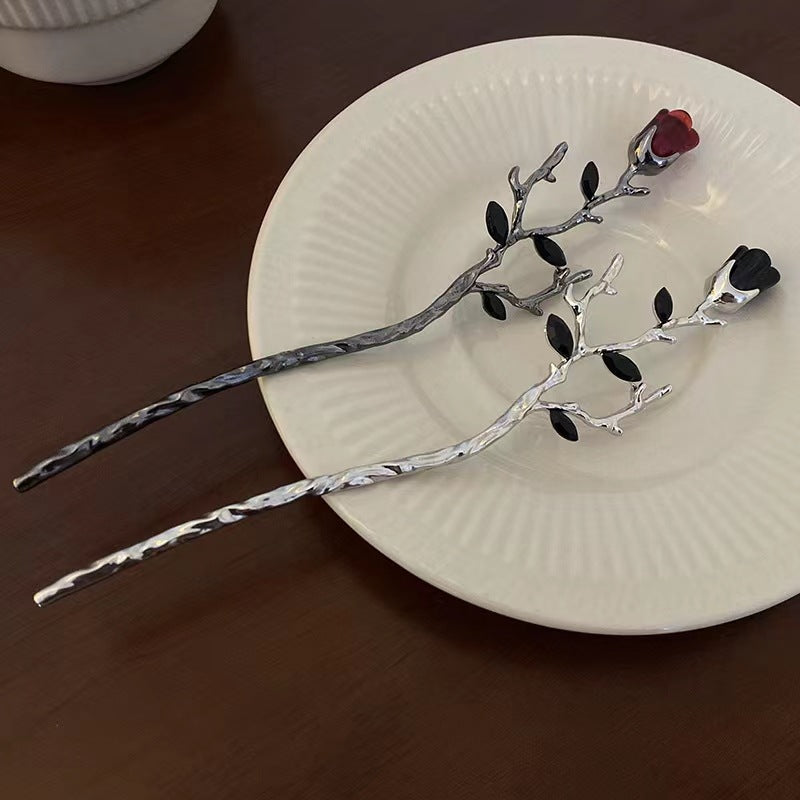 Vintage Rose Hairpin Dark Style Silvery Hair Stick Ponytail Holder