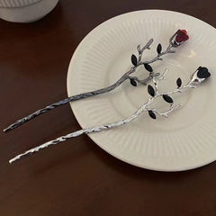 Vintage Rose Hairpin Dark Style Silvery Hair Stick Ponytail Holder