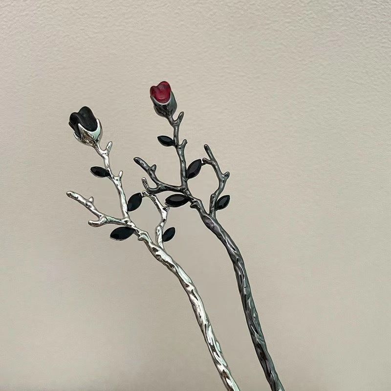 Vintage Rose Hairpin Dark Style Silvery Hair Stick Ponytail Holder