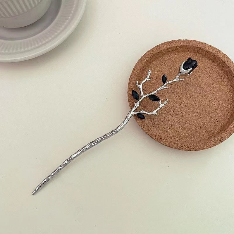 Vintage Rose Hairpin Dark Style Silvery Hair Stick Ponytail Holder