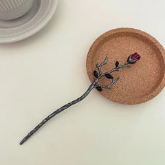 Vintage Rose Hairpin Dark Style Silvery Hair Stick Ponytail Holder