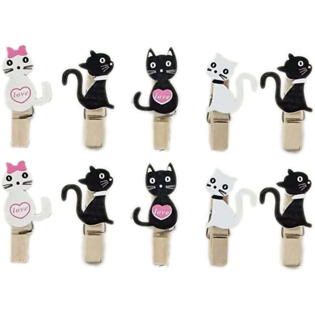 10pcs Cat Paper Clip Wooden Memo Clips with Hemp Rope