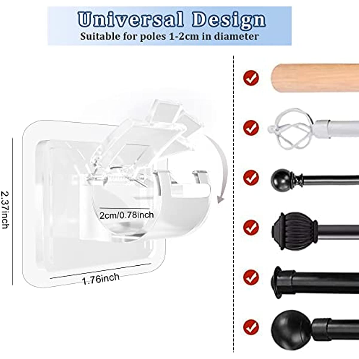 No Drill Curtain Rod Holders, Set of 8, Self-Adhesive Hooks