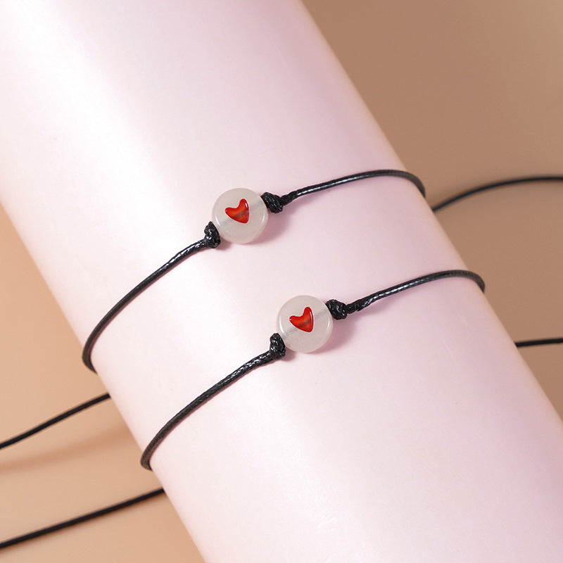 2Pcs Couple Matching Bracelets Heart Bead Pendant Adjustable Rope Gift
