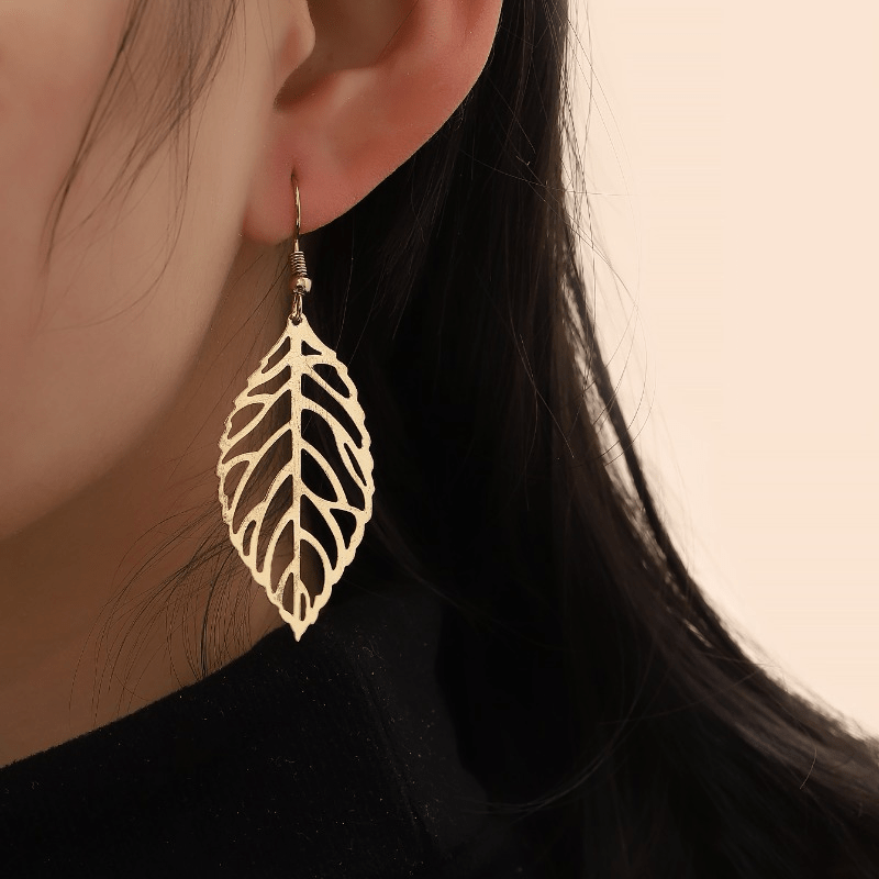 Gold Hollow Leaf Dangle Earrings 18K Plated Jewelry