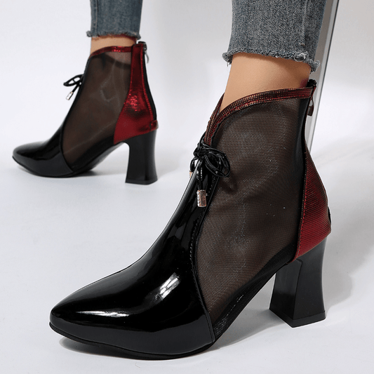 Women's Mesh Sandals Boots Bow Pointed Toe Mid Heels
