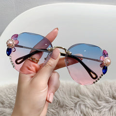 Rhinestone Flower Oval Sunglasses UV400 Sun Shades