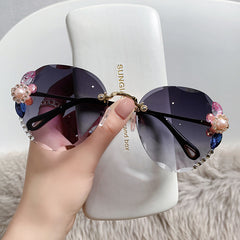 Rhinestone Flower Oval Sunglasses UV400 Sun Shades