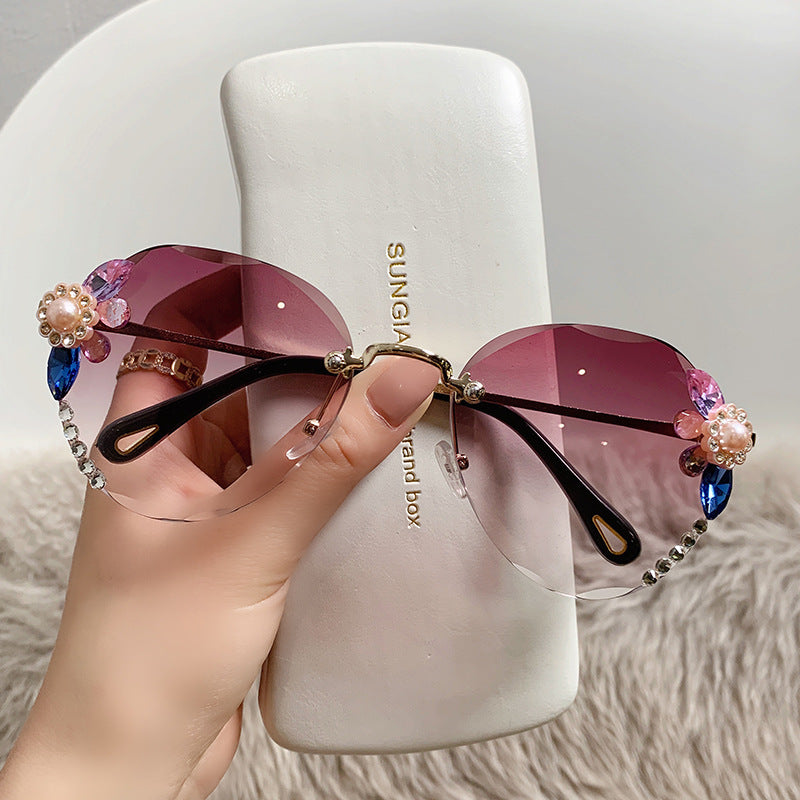 Rhinestone Flower Oval Sunglasses UV400 Sun Shades