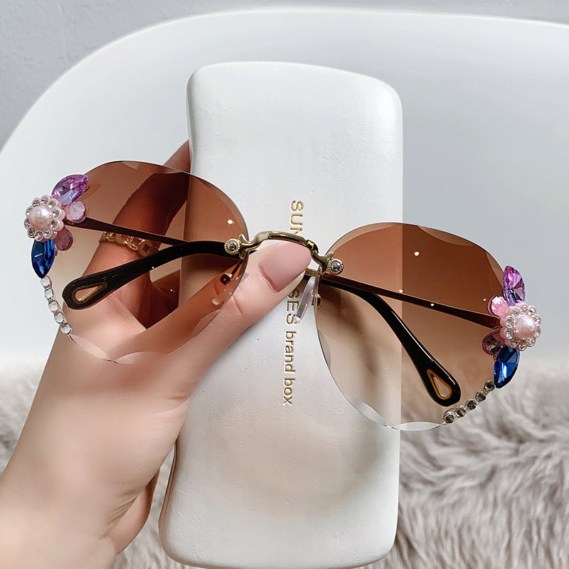 Rhinestone Flower Oval Sunglasses UV400 Sun Shades