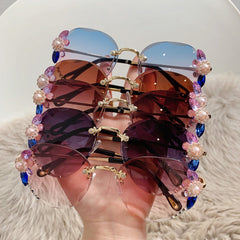 Rhinestone Flower Oval Sunglasses UV400 Sun Shades
