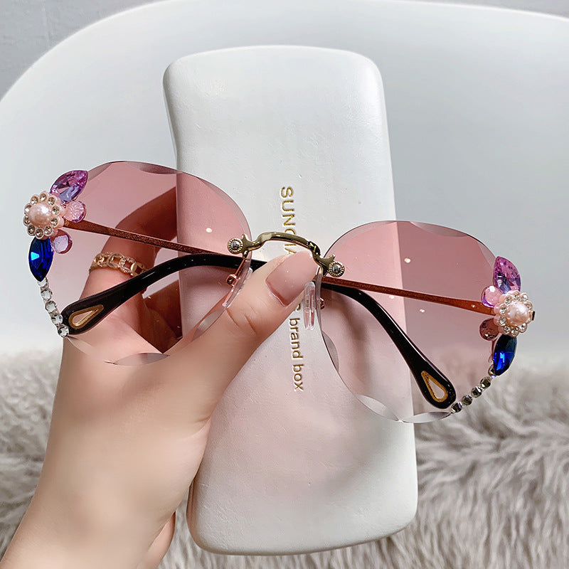 Rhinestone Flower Oval Sunglasses UV400 Sun Shades