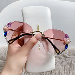 Rhinestone Flower Oval Sunglasses UV400 Sun Shades