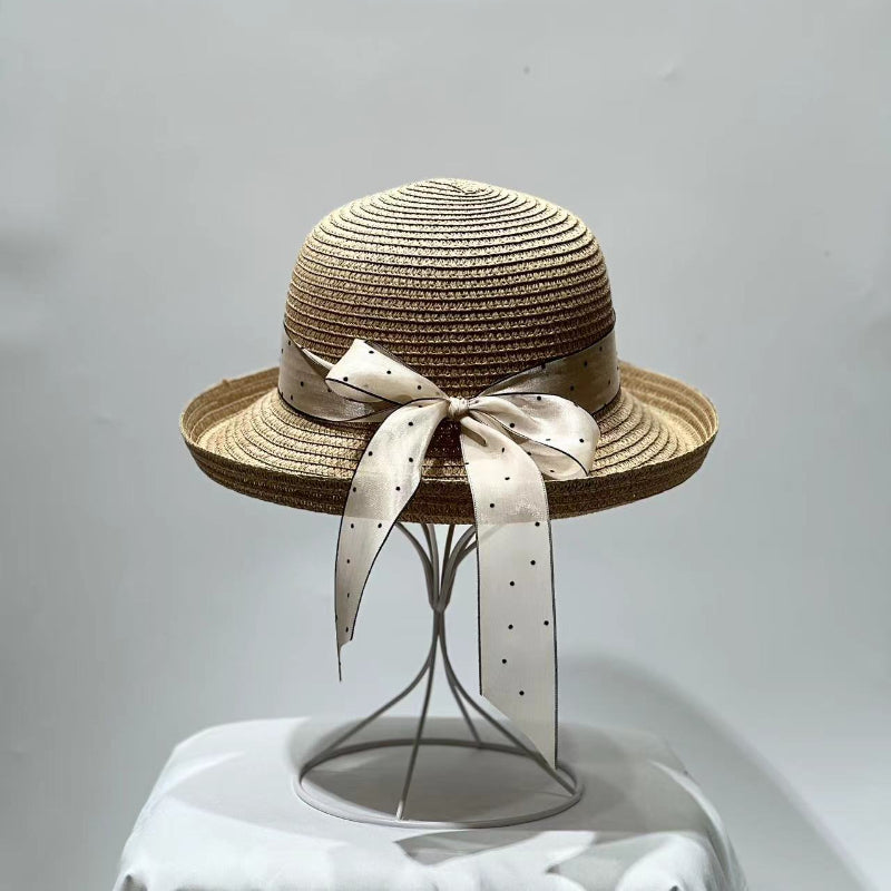 Rolled Brim Sun Hat with Ribbon Bow Straw Hat