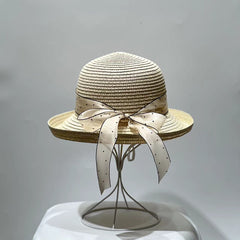 Rolled Brim Sun Hat with Ribbon Bow Straw Hat